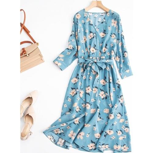 Womens 100% Mulberry Silk V neck Long Sleeve Blue Floral Printed Long Dress with belt L XL JN690