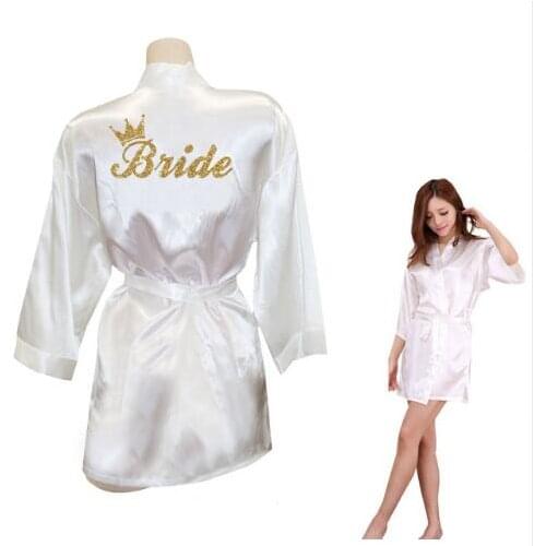 Bride Crown Team Bride Golden Glitter Print Kimono Robes Faux Silk Women Bachelorette Wedding Preparewear Free Shipping