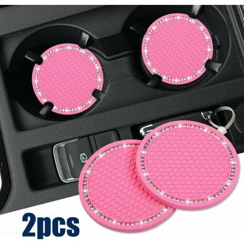 2psc 2.75 Inch Cup Holder Mat Car Coasters Pad Pink Cup Holder Mat Rhinestone Auto Interior Accessories 7cm PVC Material
