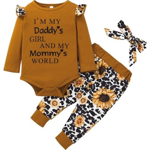 3Pc Baby Girl Suit Casual Set Letter Print O-Neck Long Sleeve Bodysuit Floral Trouser Hairband Spring Fall 0-24 Months