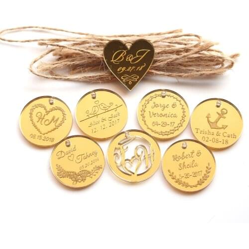 50x Personalized Engraved Rustic Baptism Gold Mirror Tags Birthday Gift Anniversary Wedding Round Tags Baby Shower Decor Favors