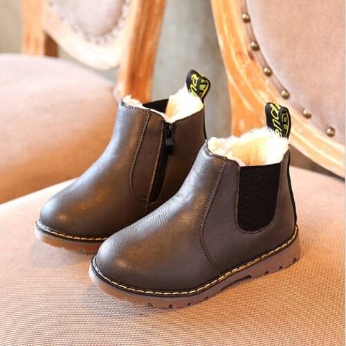 Children Plush Warm Shoes For Boys PU Leather Girls Kids Martin Boots Autumn Winter New Toddler Baby Soft Bottom Short Boots