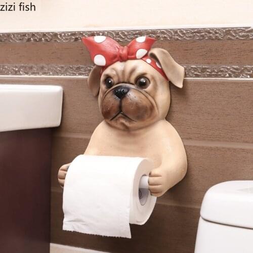 Pug Dog Roll Holders Resin Paper Towel Dispenser Toilet Modern Bathroom Shelf Holder Hook Punch Free Bathroom Cute Towel Holder