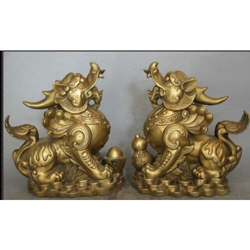 Hui88K811+++10" China Brass animal cucurbit Money Pi Xiu Unicorn Beast sculpture Statue Pair