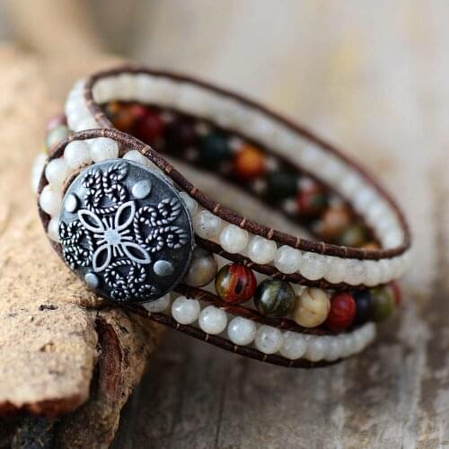 Exquisite Boho Cuff Bracelet Labradorite Japser Leather Wrap Bracelets Handmade Bohemian Woven Stone Bracelet Women Jewelry