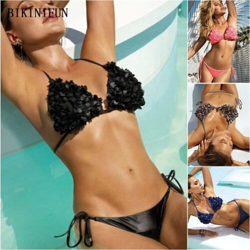 2020 New Sexy Flouncy Bralette Swimsuit Women Triangle Bralette Swimwear Solid Color Beachwear S-XL Girl Side Tied Bikini Set