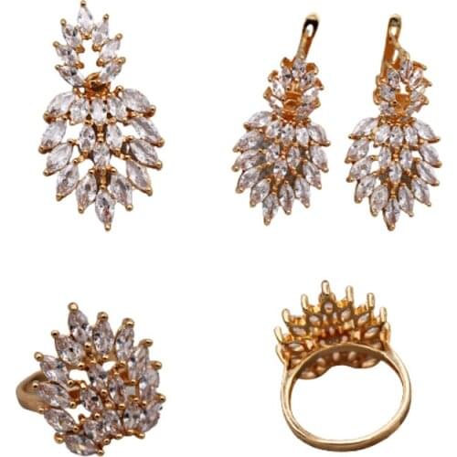 Trendy Wedding Fashion Jewelry Sets accessories Hoop Gold Earrings Rings Necklace Pendent White Stone Zircon Women 3pcs set