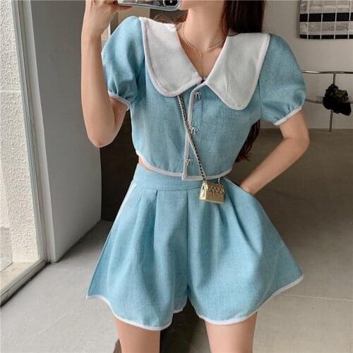 Korean Summer Color Contrast Doll Collar Butterfly Button Design Tops + High Waist Versatile Wide Leg Shorts Two-piece Suit