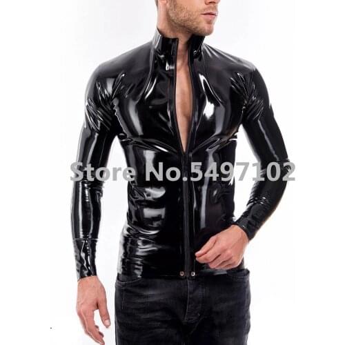 Latex men tops t-shirt front zip Tank Tops RubberT-shirt rubber fetish exotic tank tops with front zip