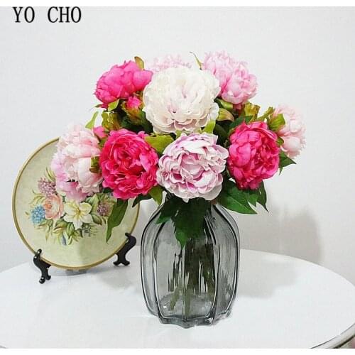 YO CHO 2 Heads Small Silk Peony Flower Branch Upscale Pink Fake Flower Wedding Car Decoration Home Graden Decor Faux Flore Peony