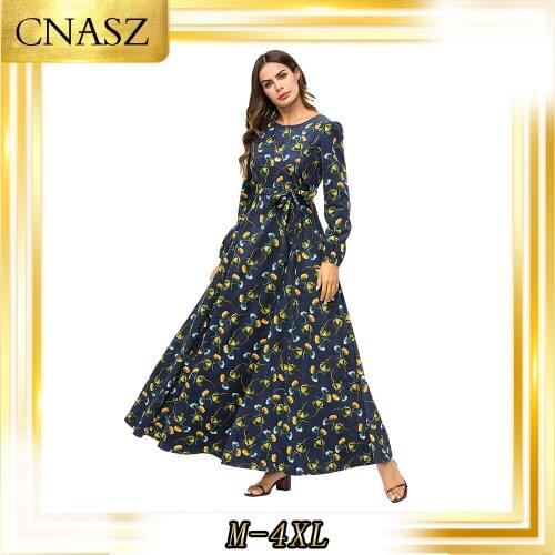 Muslim Dresses Large Size Kaftan Gown Fashion Simple Loose Print Abaya Femme Dress Muslim Big Swing Dress
