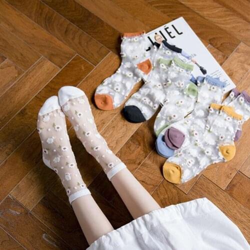 Summer Female Transparent Small Daisy Embroidery Socks Women Fashion Glass Silk Short Socks