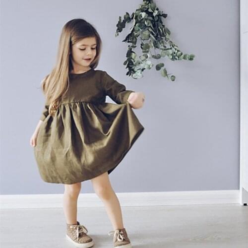 New girls cotton linen mid-sleeve dress children pleated dress girl ribbon princess dresses WT124