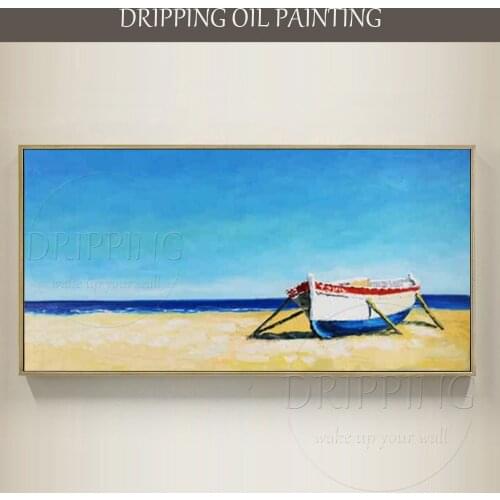 New Arrived Hand-painted High Quality Impressionist Landscape Boat Oil Painting on Canvas Handmade Boat in Beach Oil Painting