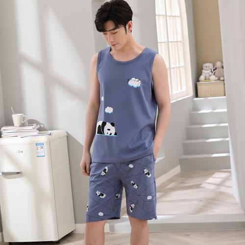 Summer Mens Pajamas Cotton Sleeveless Sleep Tops & Shorts Suit 4XL Male Sexy Home Cartoon Pijama Sleepwear Casual 2 Piece Set