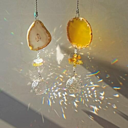 H&D 2pc Handmade Natural Agate Slice Suncatcher Crystal Ball Hanging Pendant for Garden Home Decor Rainbow Maker Window Ornament