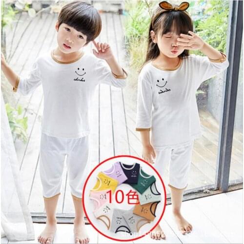 Soild Boys Casual Clothing Suit Summer Cotton Pajamas for Kids 2020 Three Quarter Children Pyjamas Set Smile Girls Pijama Suit