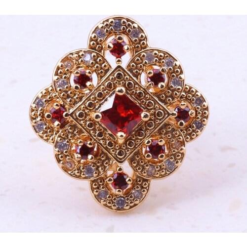 Excellent Red Imitation Garnet Cubic Zircon Yellow Gold Color Rings Women Cheap Wedding Fashion Jewelry Free Gift Box I0059