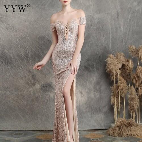 Luxury Sequined Evening Dress Women Off Shoulder Sexy Robe De Soiree Beading Side Slit Mermaid Long Party Dresses Formal Dress