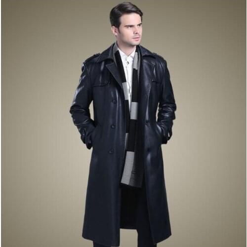 HOT Male New Business Casual Leather trench coat slim double-breasted thicken Long paragraph overcoat leather clothing M-3XL