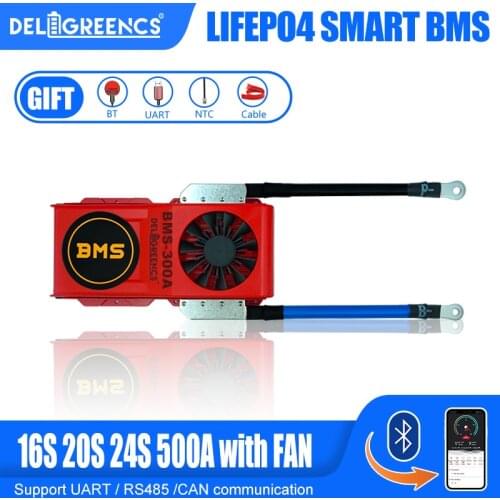 16S 20S 24S 500A LiFePO4 Smart BMS with Fan UART RS485 modbus Bluetooth CAN Communication 48V 72V battery pack Faster Cooling