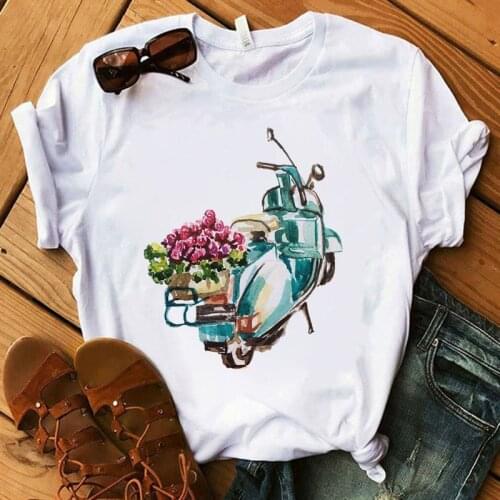 Womens T-shirt Summer Floral Locomotive T-shirt Graphic O-Neck Top Womens Print Casual Short Sleeve Womens Aesthetic T-shirt
