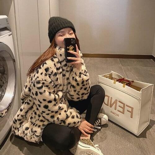 2021 Autumn Winter Women Faux Rabbit Fur Coat Female Warm Long Sleeve Leopard Fake Fur Jacket Lady Plush Teddy Outerwear M364