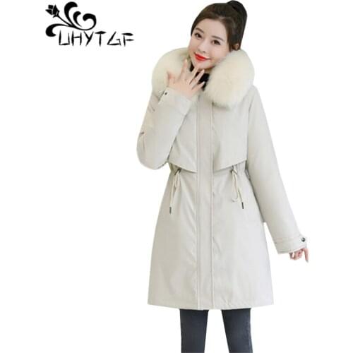 UHYTGF Thicken 6XL plus size coat Parker women mid-length down jacket winter outerwear fur collar hooded casual warm jacket 1030