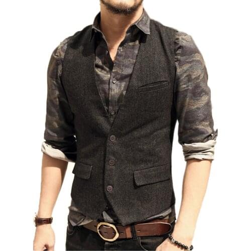 Mens suit vest V-neck blended wool herringbone tweed vest jacket Slim-fit vest waistcoat casual best man wedding