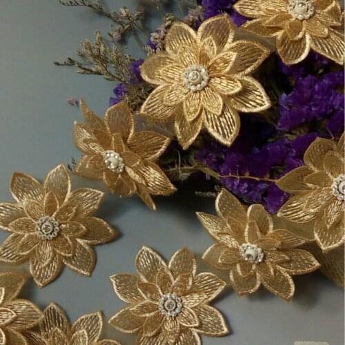2 yard Polyester Gold 3D Flowers Embroidered African Lace Trim Ribbon Fabric Handmade Sewing Craft For Costume Decoration DIY