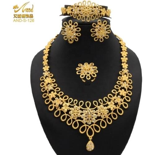 African Dubai Jewelry Set Flower Golden New Fashion Nigerian Wedding Alloy Hawaiian Necklace High Quality Gift 4Pcs Bridal