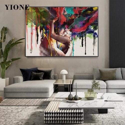 Abstract Lover Hugging Art Canvas Oil Painting Colored Hair Man and Woman Couples Graffiti Poster Prints Wall Picture for Living