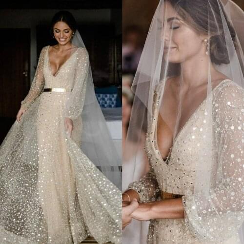 Sparkly A Line Wedding Dress Long Sleeves V Neck Sequined Bridal Gowns Backless Vestido De Novia