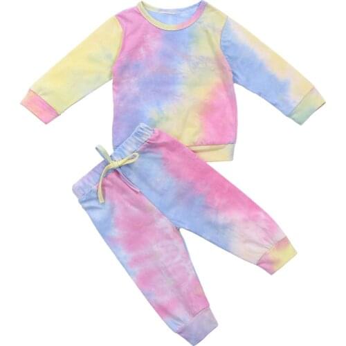 Infant Kids Baby Girl’s Cotton Long-sleeved Tie-dye Suit Fresh Round Neck Pullover Top Elastic Waist Long Pants Colorful Sets