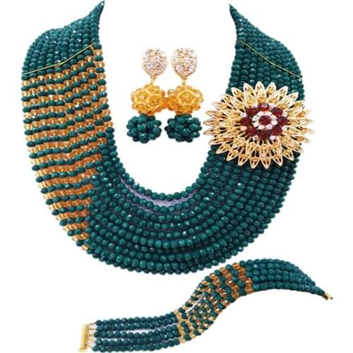 Fantastic Opaque Dark Green Champagne Gold Crystal Women Party Necklace Sets 10C-CJZ-17