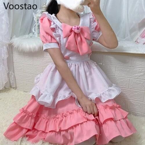 Japanese Sweet Lolita Dress Set Women Cute Cat Paw Pink Lace Ruffles Apron Maid Outfit Girls Kawaii Princess Tea Party Dresses
