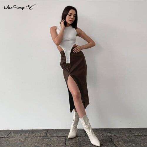 Mnealways18 Brown Ladies Office Leather Skirt Solid Bodycon Women Winter Skirts Green Sexy Split High Wiast Skirt Female Fashion