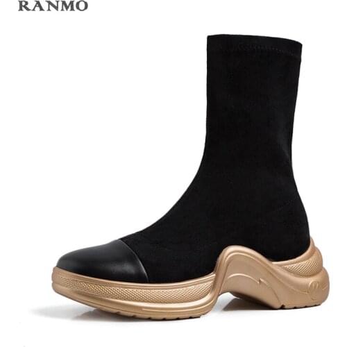 Fashion stretch boots gold soles womens shoes thicksoled flat shoes daily commuter boots comfortable boots thigh high flat boots