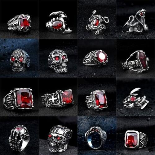 Red Stone Gothic Titanium Black Animal Rings Punk Rock 316L Stainless Steel Finger Ring Mens Biker Male Jewelry