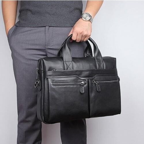 100% Genuine Leather Men Business Briefcase OK for 14" Laptop Bag