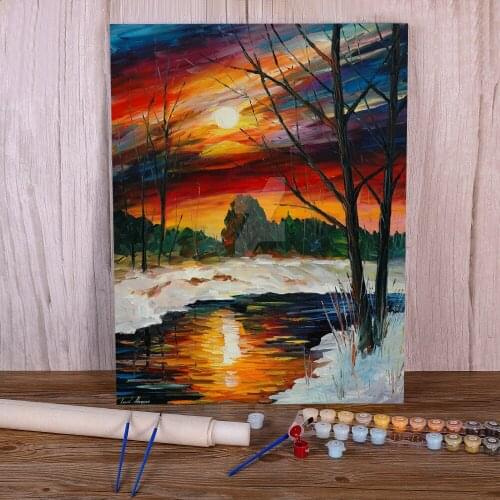 December Winter Sunset DIY Paint By Numbers Complete Kit Acrylic Paints 50*70 Oil Painting Home Decor For Adults Handiwork Art