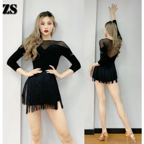 Latin Dance Outfit Black Dress Elastic Mesh Soft Material Salsa Practice Girls Latin Dance Dress Dance Skirt With Tassels L353