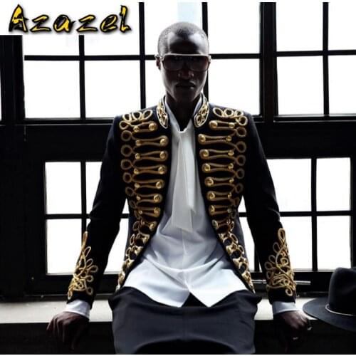 2020 new High quality Fashion Outerwear mens stand collar Black cotton jacket Korean Slim Golden rope Embroidery tide jackets