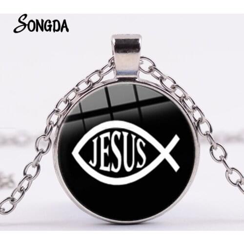 New Christian Fish Ichthus Jesus Necklace I Love Jesus Glass Gem Letter Print Charm Pendant Religion Culture Gift Jewelry
