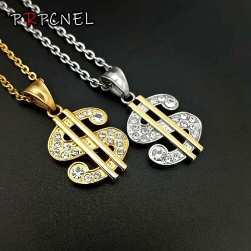 Stainless steel Gold Color US Dollar Rhinestone Necklace Hip Hop Jewelry Fashion Men Women zircon Money Pendant Bling Jewelry