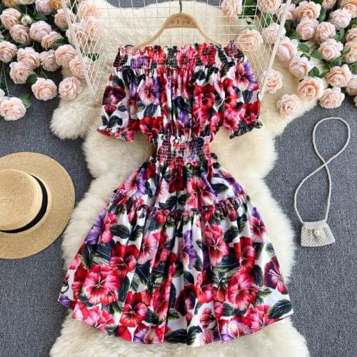 New Fashion Summer Elegant Women Off Shoulder Short Sleeve Ruffles Floral Print A Line Dress Ladies Vacation Dresses Vestido