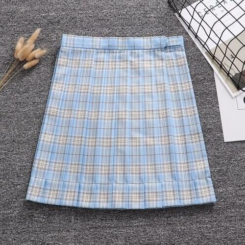 Candy blue white gold color geometric lattice Pleated skirt + Bow + Tie (Adjust waist. Pocket)