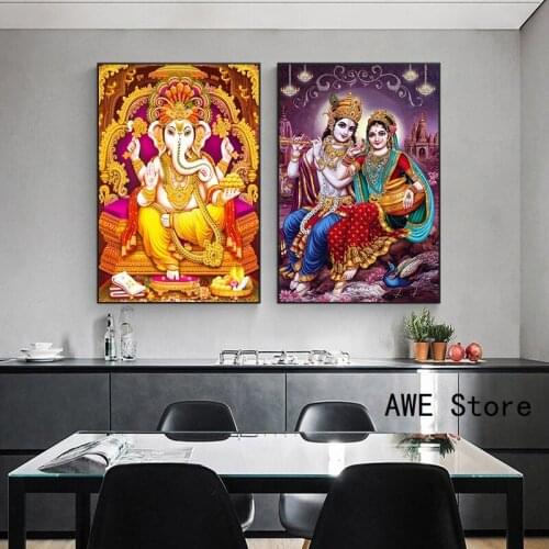 Golden Lord Ganesha Canvas Posters and Prints Canvas Painting India Religion Wall Art Pictures for Living Room Decor