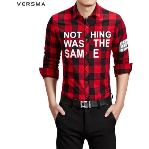 VERSMA New Men Red Plaid Shirt Fashion Brand Slim Casual Shirt Men Cotton Long Sleeve Style Social Mens Dress Shirts Plus Size