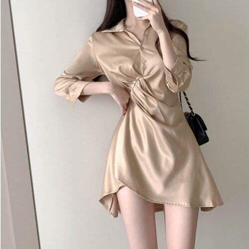 Silk Shirt Dress Women Summer Lapel Single-Breasted Pleated Office Mini Dress French Fashion Waist Irregular Club Party Dress